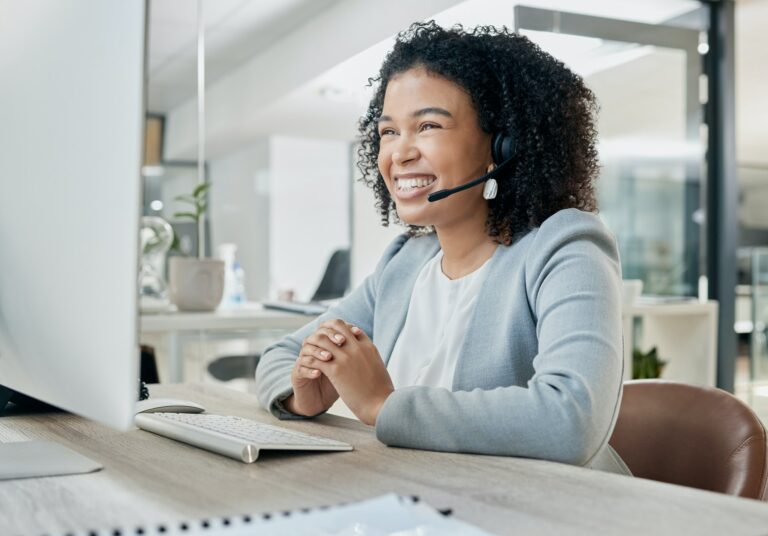 Coaching Journal - Black woman, call center and computer with CRM and contact us, phone call with customer service or